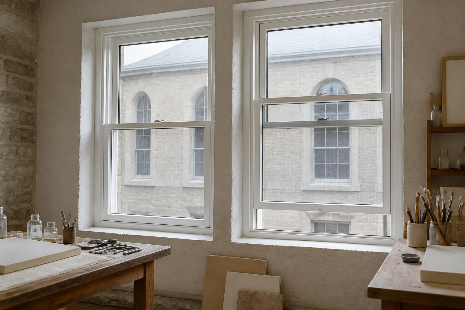 Double Hung Window Suppliers China Featured Scene White double hung windows in an art conservation studio for China supplier research
