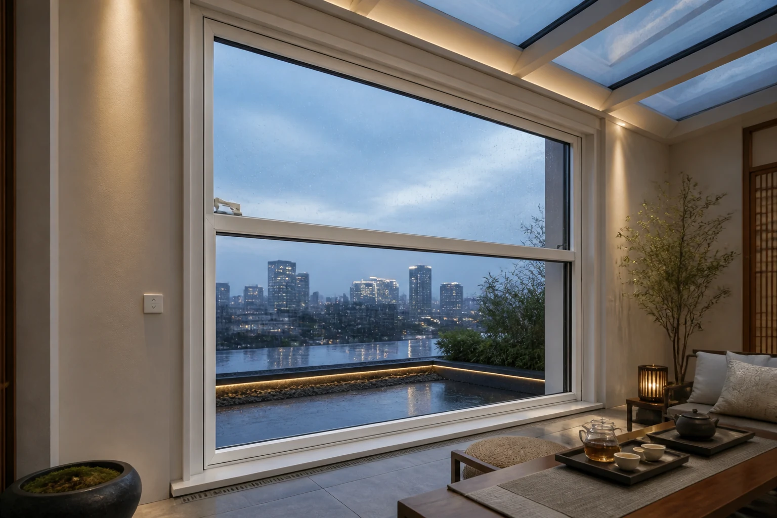 Electric Lift Window Manufacturers China Featured Scene White electric lift window in a rooftop winter garden for China manufacturer import research