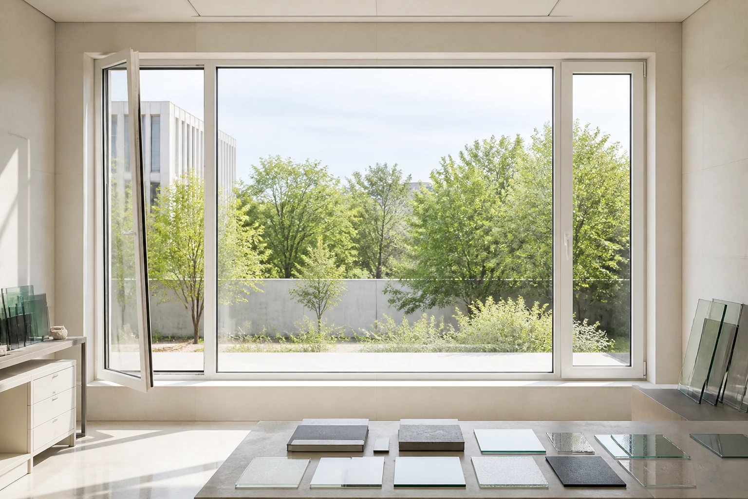 RGNL-100P White Casement Window Glass Review Illustrative Scene White RGNL-100P-style casement window in a glass review studio, illustrative application scene