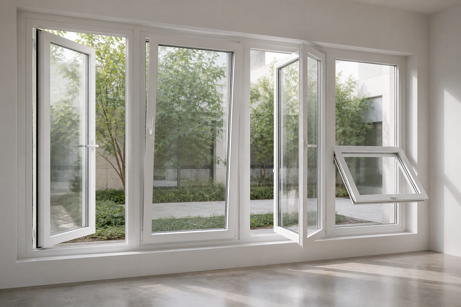 White RGNL-100P-style casement window opening-mode mock-up in an architect studio, illustrative application scene