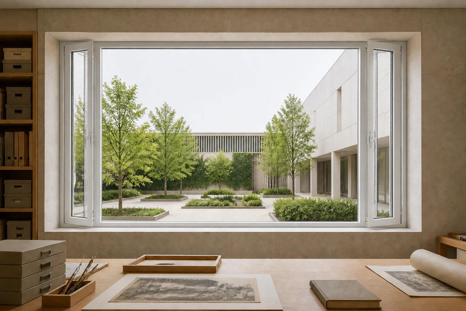 RGNL-108 White Micro-Ventilation Window Illustrative Application Scene White RGNL-108 micro-ventilation window in an archive studio illustrative application scene