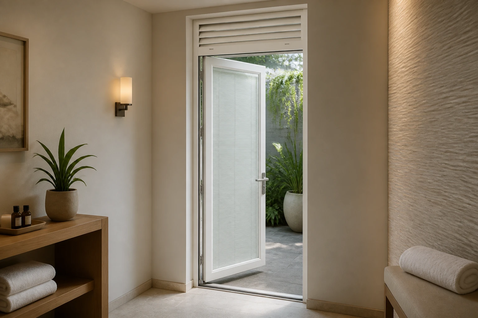 White RGNL-45 casement door in a spa courtyard illustrative application scene for China manufacturer installation review