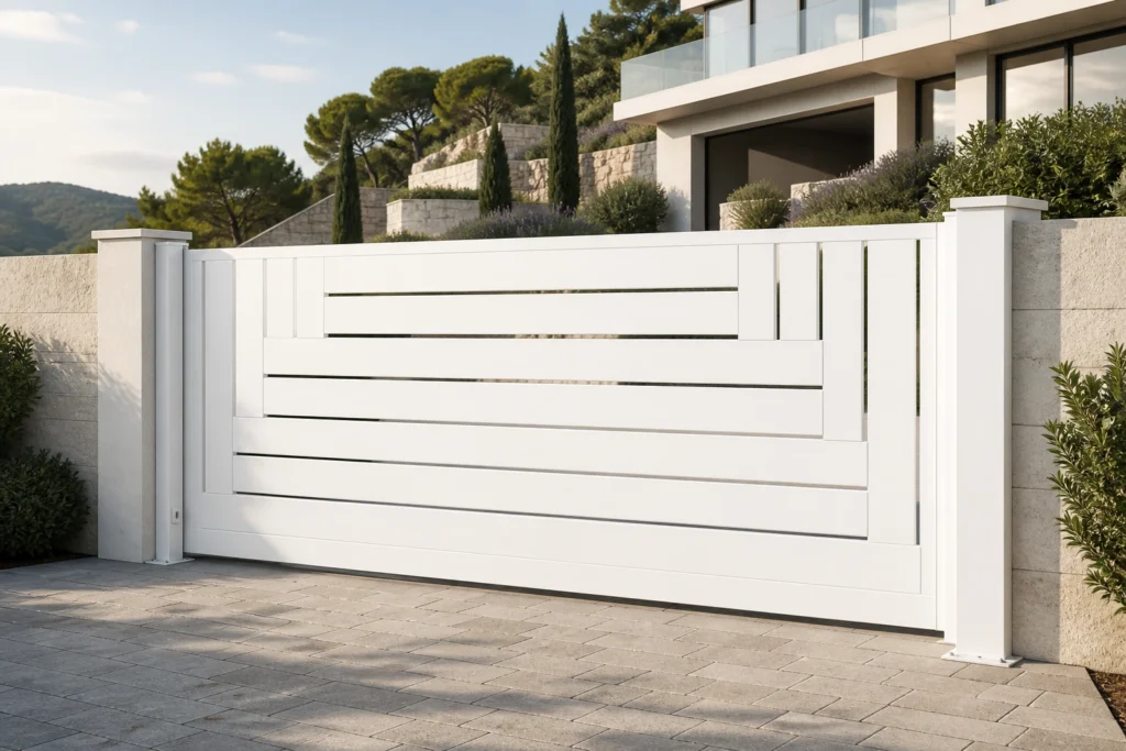 White aluminum sliding gate at a fictional hillside villa entrance, illustrative application scene