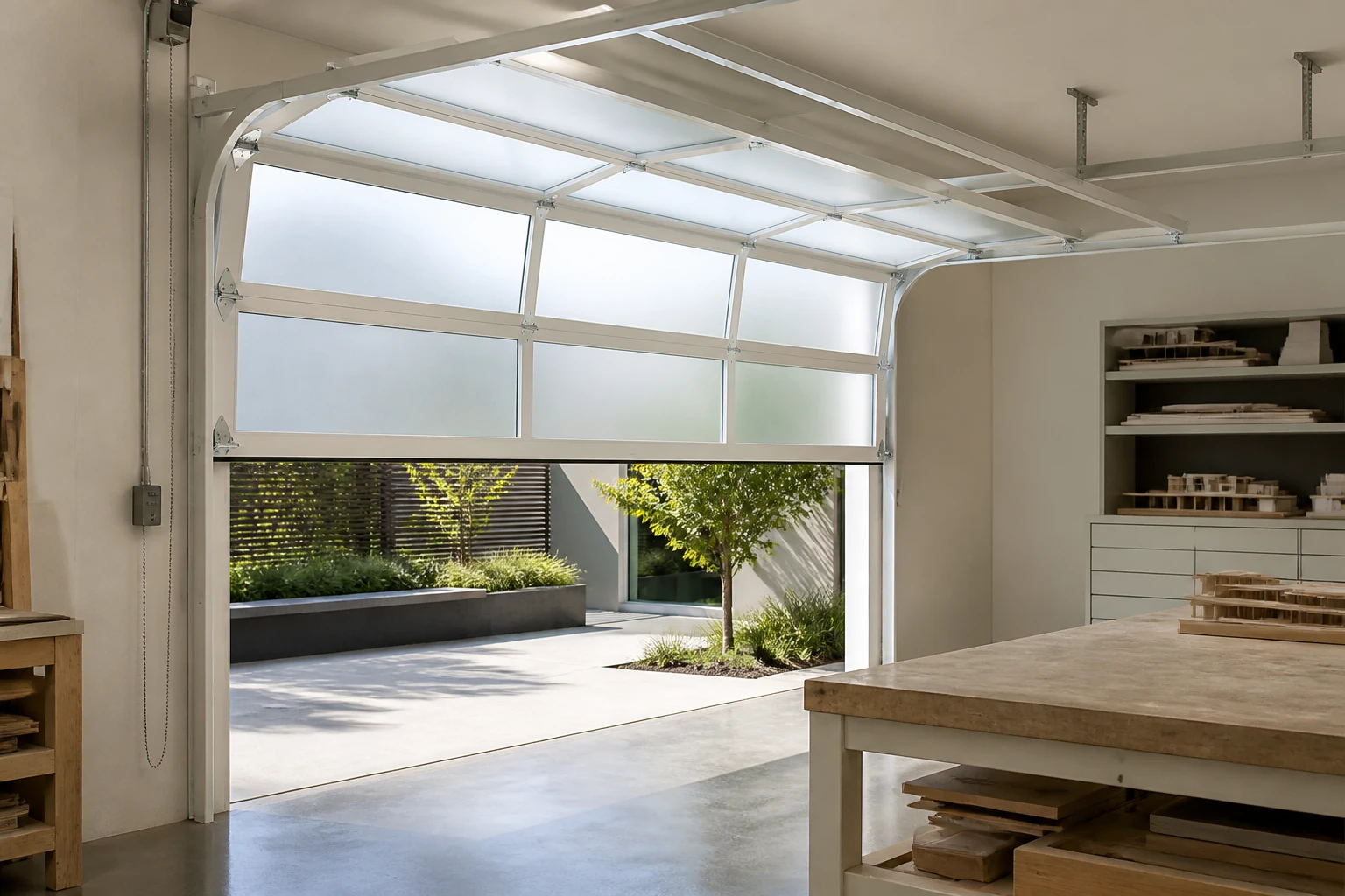 White automatic glazed sectional garage door in a model workshop illustrative application scene