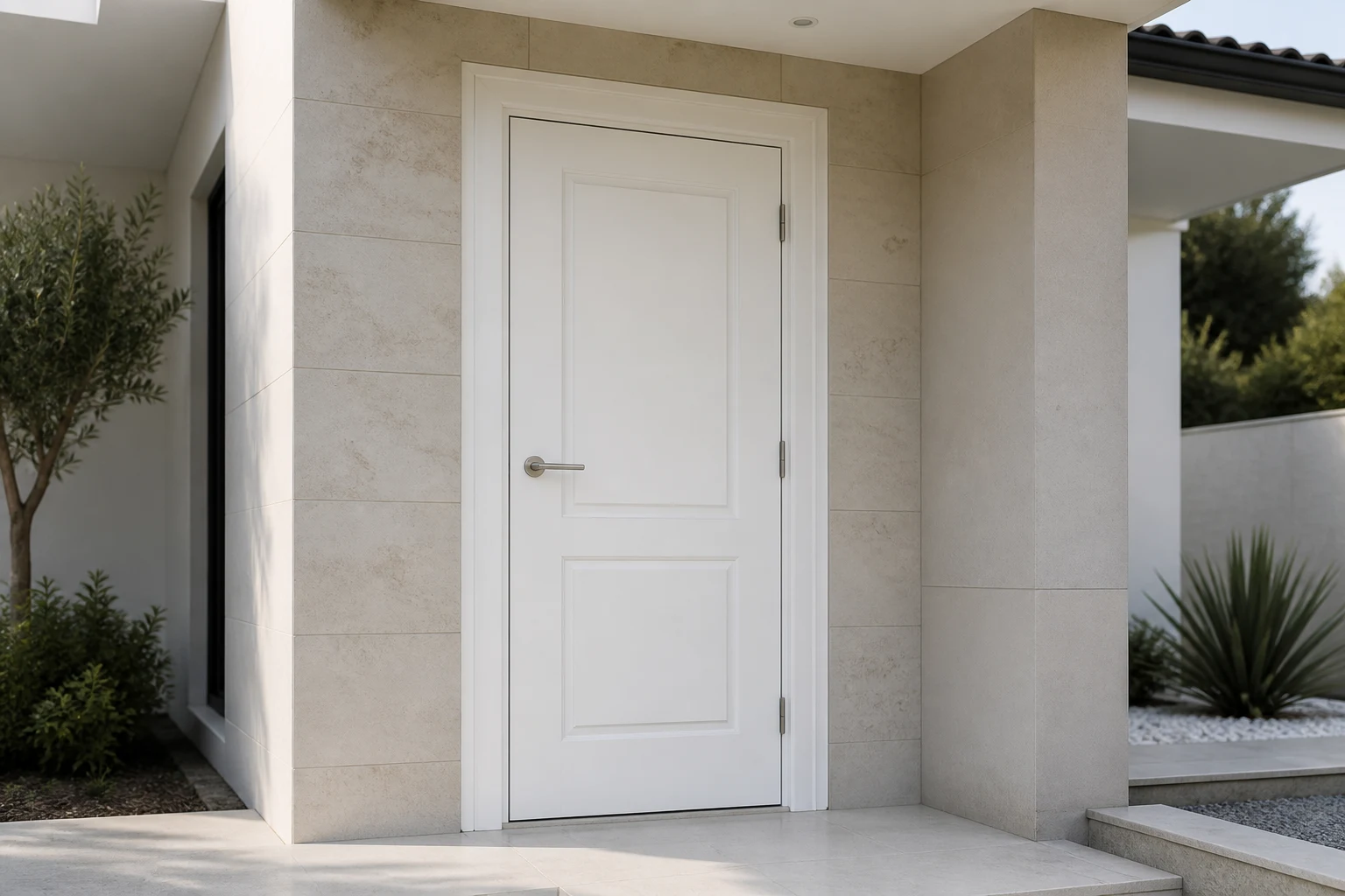 RGNL White Composite Wooden Entry Door Villa Application White RGNL-style composite wooden entry door installed at a modern villa entrance