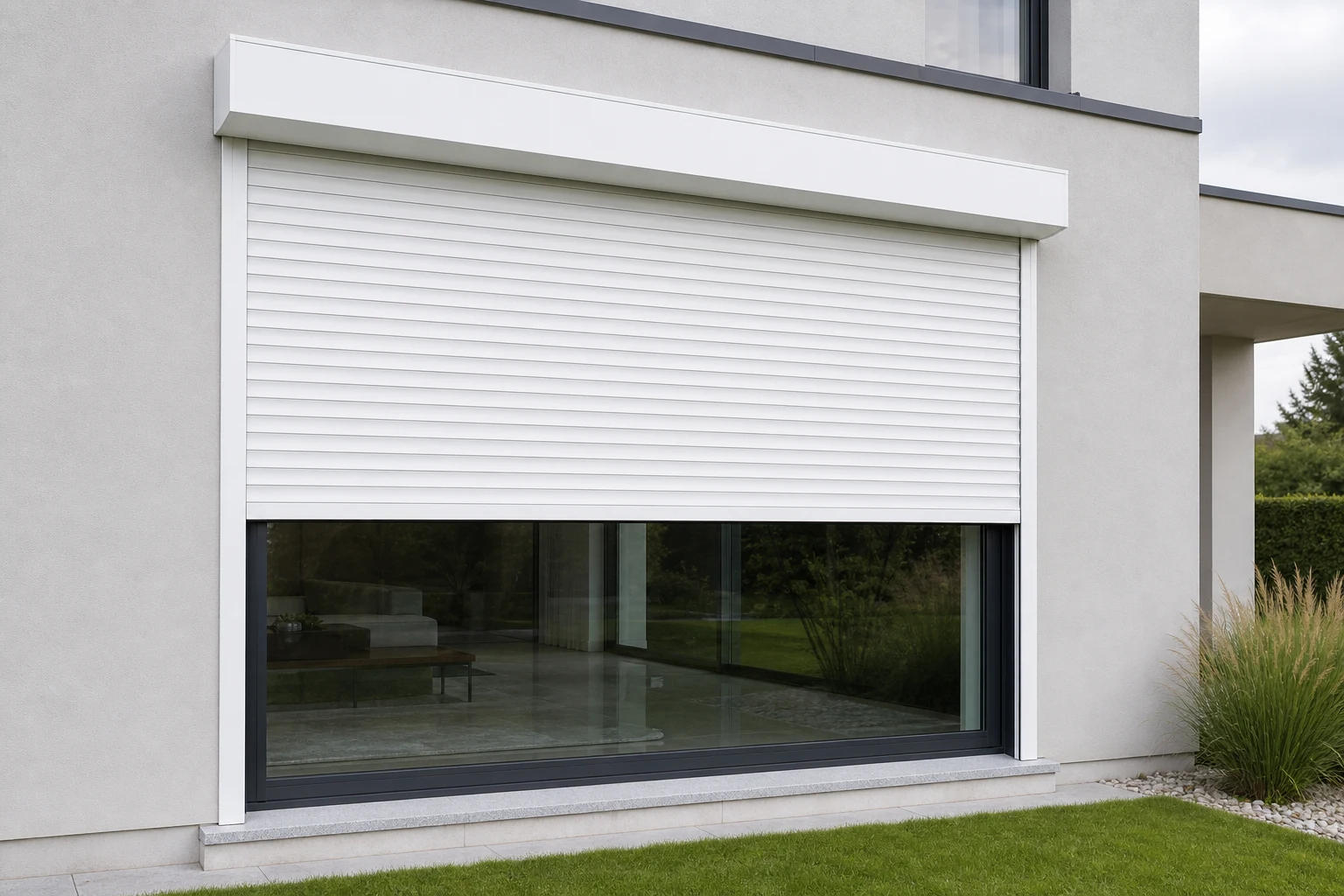 White aluminum rolling shutter slats partially lowered over a modern villa window