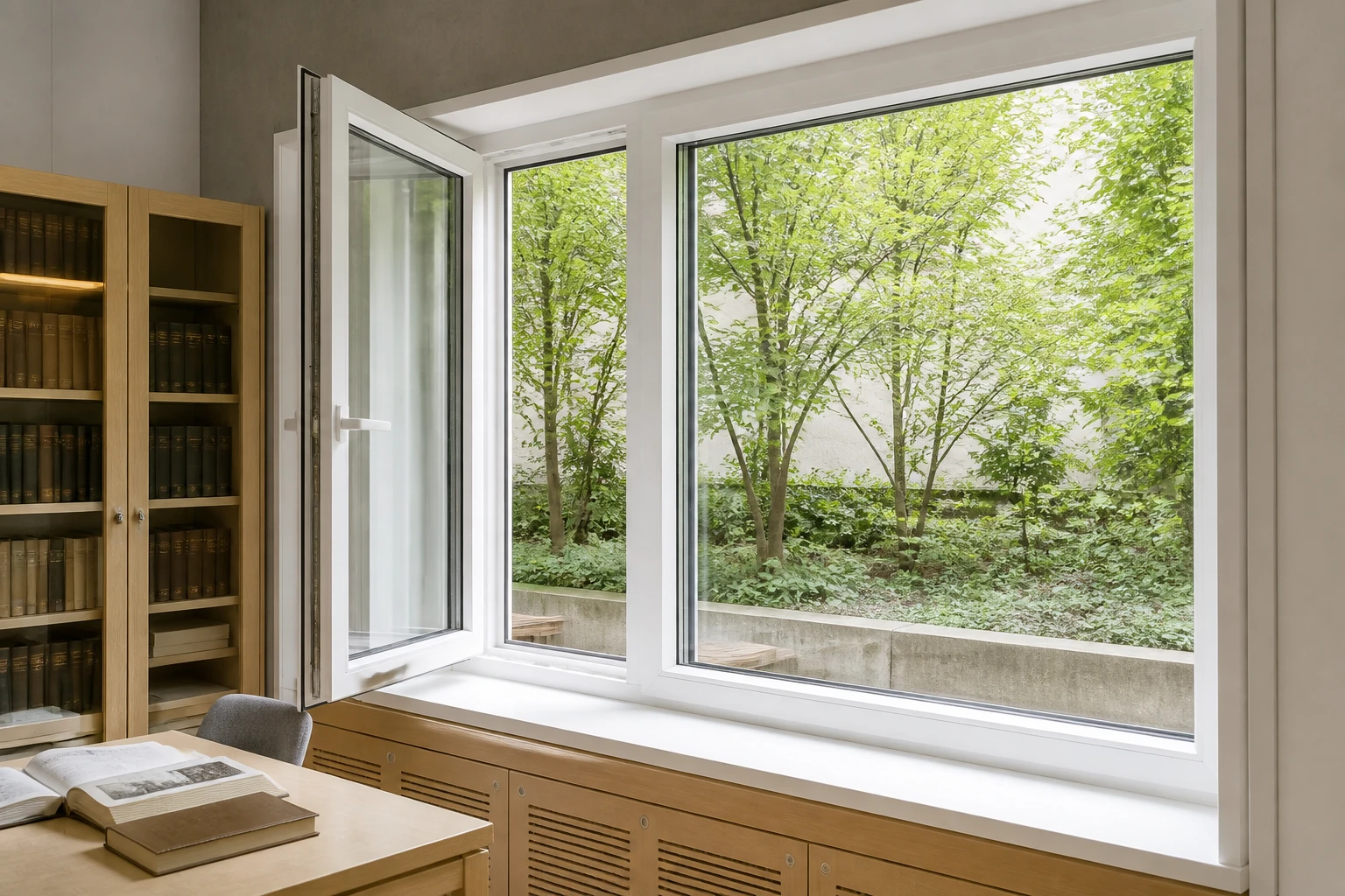 RGNL White UPVC Casement Window Illustrative Application Scene White UPVC inward-opening casement window in an illustrative archive reading-room application scene