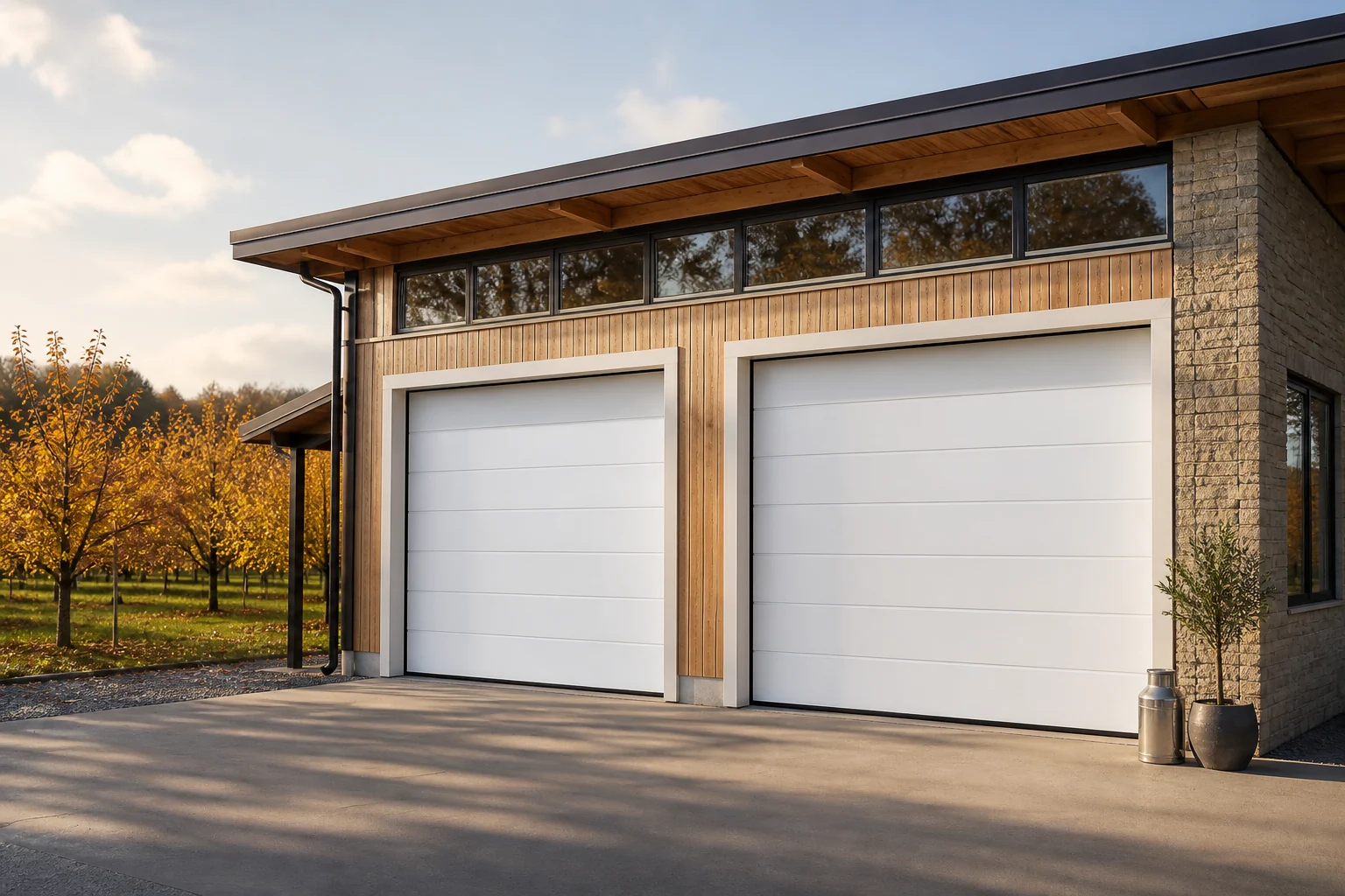 White sectional garage doors at an orchard workshop for China manufacturer import research