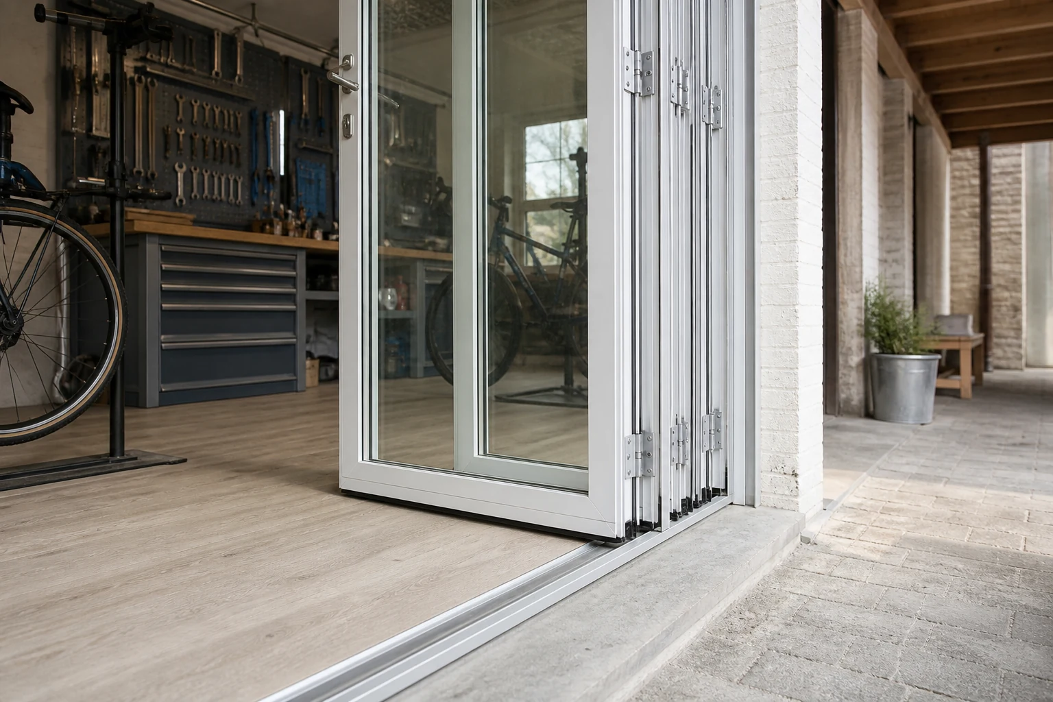 White aluminum bifold door stack and threshold at a bicycle workshop