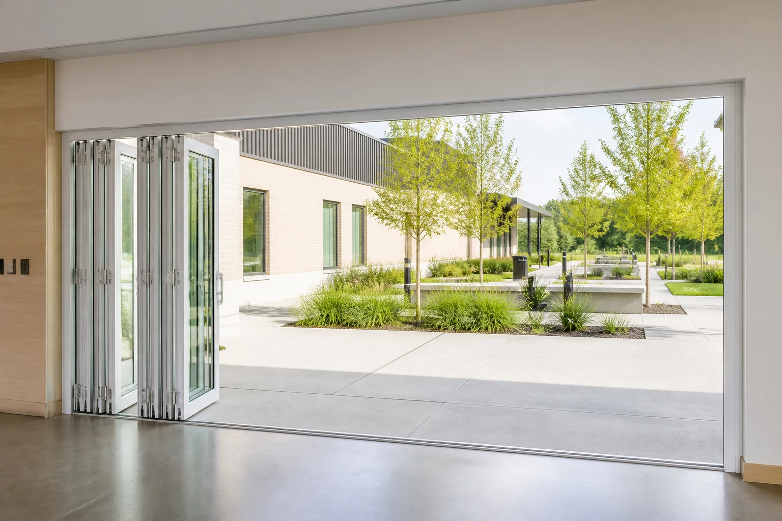 White aluminum bifold door stacked open at a community hall