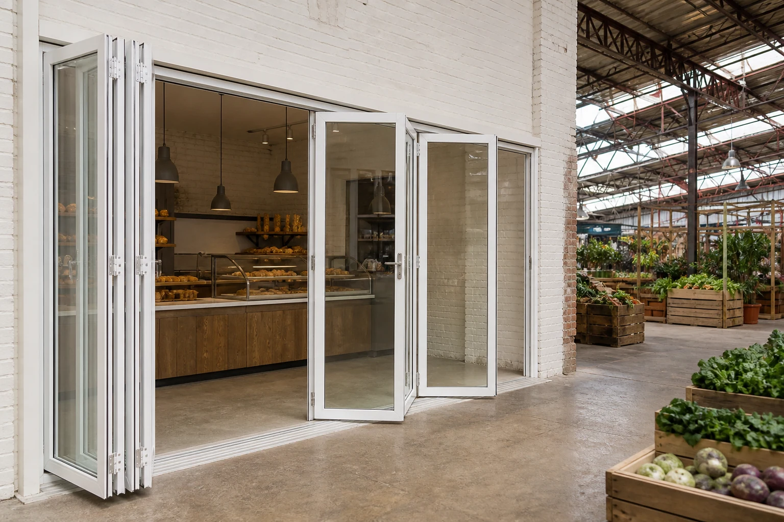 White aluminum bifold storefront doors in a covered craft market