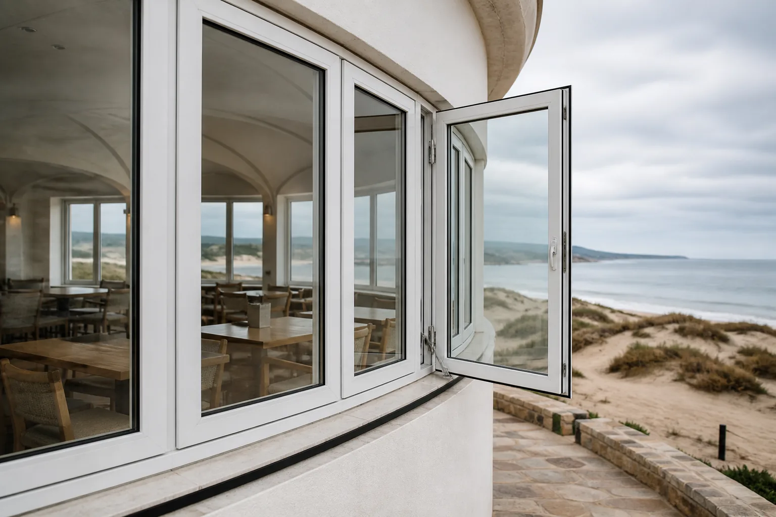 White aluminum casement window on a coastal restaurant facade