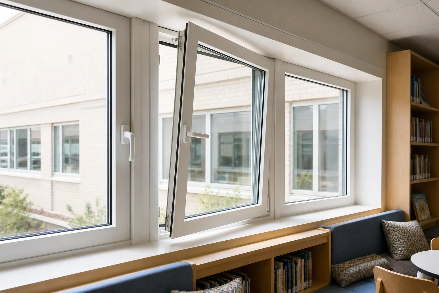 White aluminum casement windows in a school library reading area