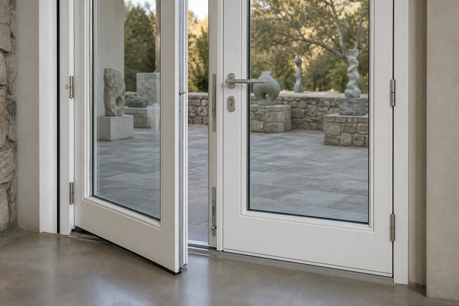 White French door meeting stile hardware and threshold at an art gallery