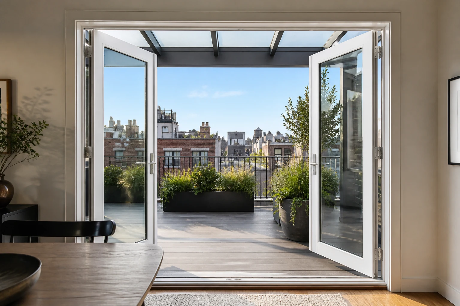 White aluminum French doors open to an urban rooftop terrace