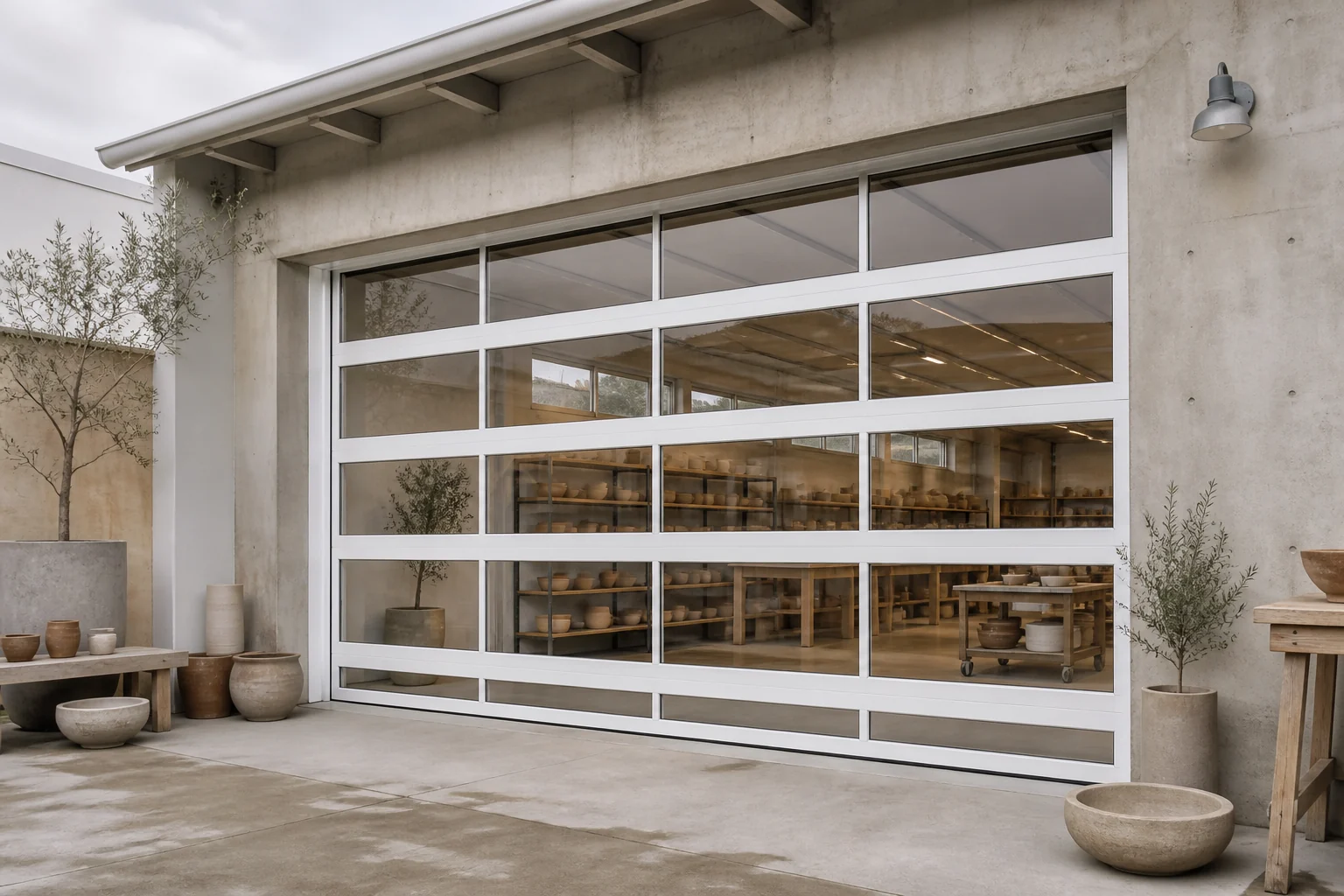 White full-view glass garage door at an unbranded ceramics studio delivery court