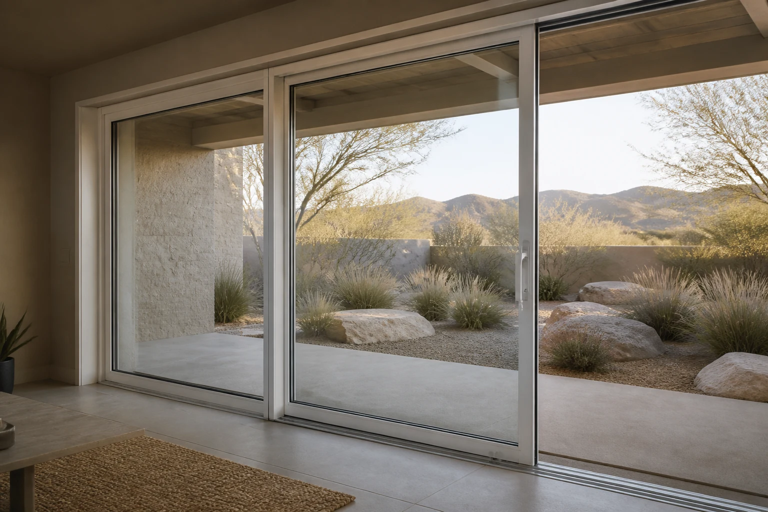 White aluminum lift-and-slide door opening to a desert courtyard