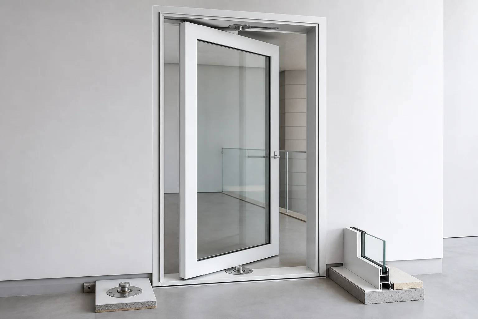White aluminum pivot door mock-up with visible floor pivot and flush threshold in a testing studio