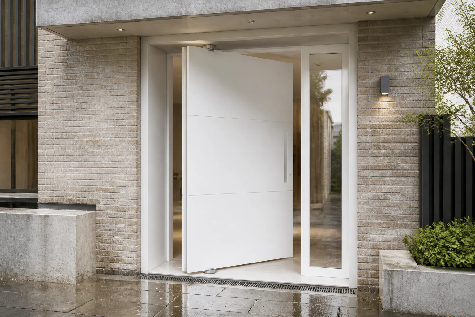 White solid-panel pivot door at an urban townhouse entrance under a rain canopy