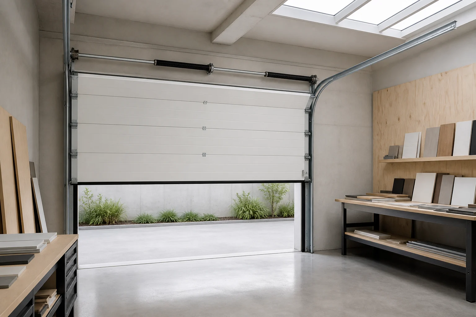 White insulated sectional garage door with overhead tracks in an urban makerspace loading bay