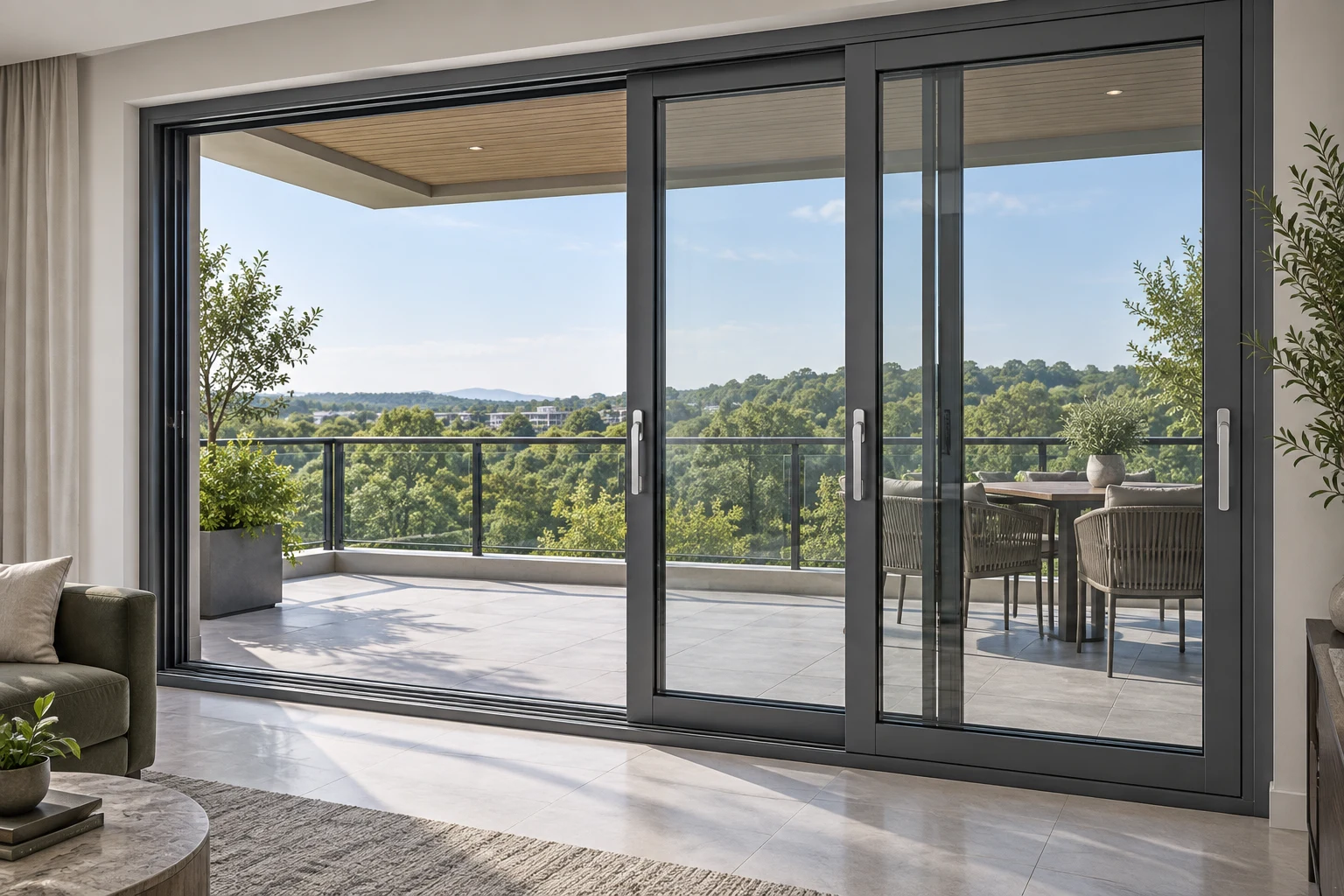 Gray Balcony Sliding Doors Illustrative Application Scene Gray heavy-duty glazed balcony sliding doors partly open beside a clear passage and outdoor dining area