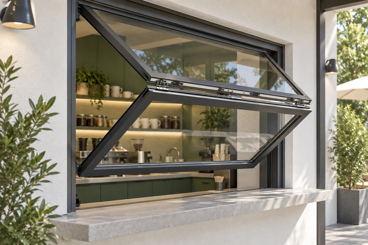 Gray vertical folding service window partly open above a stone counter in an illustrative application scene