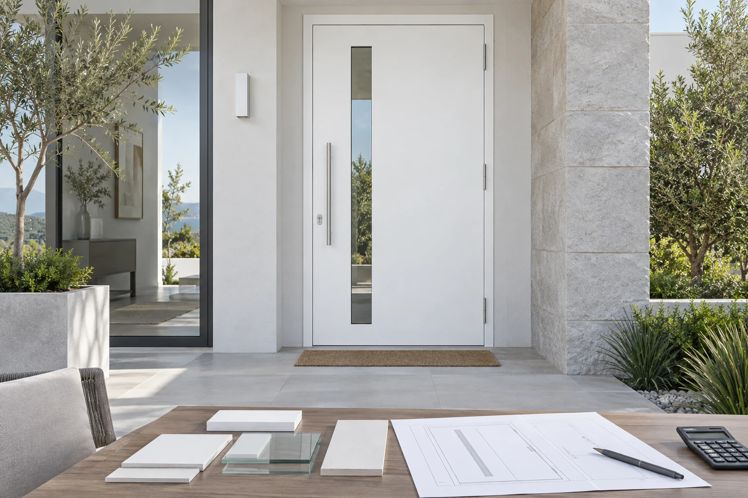 White RGNL-100 style aluminum entry door with glass and finish samples, illustrative application scene