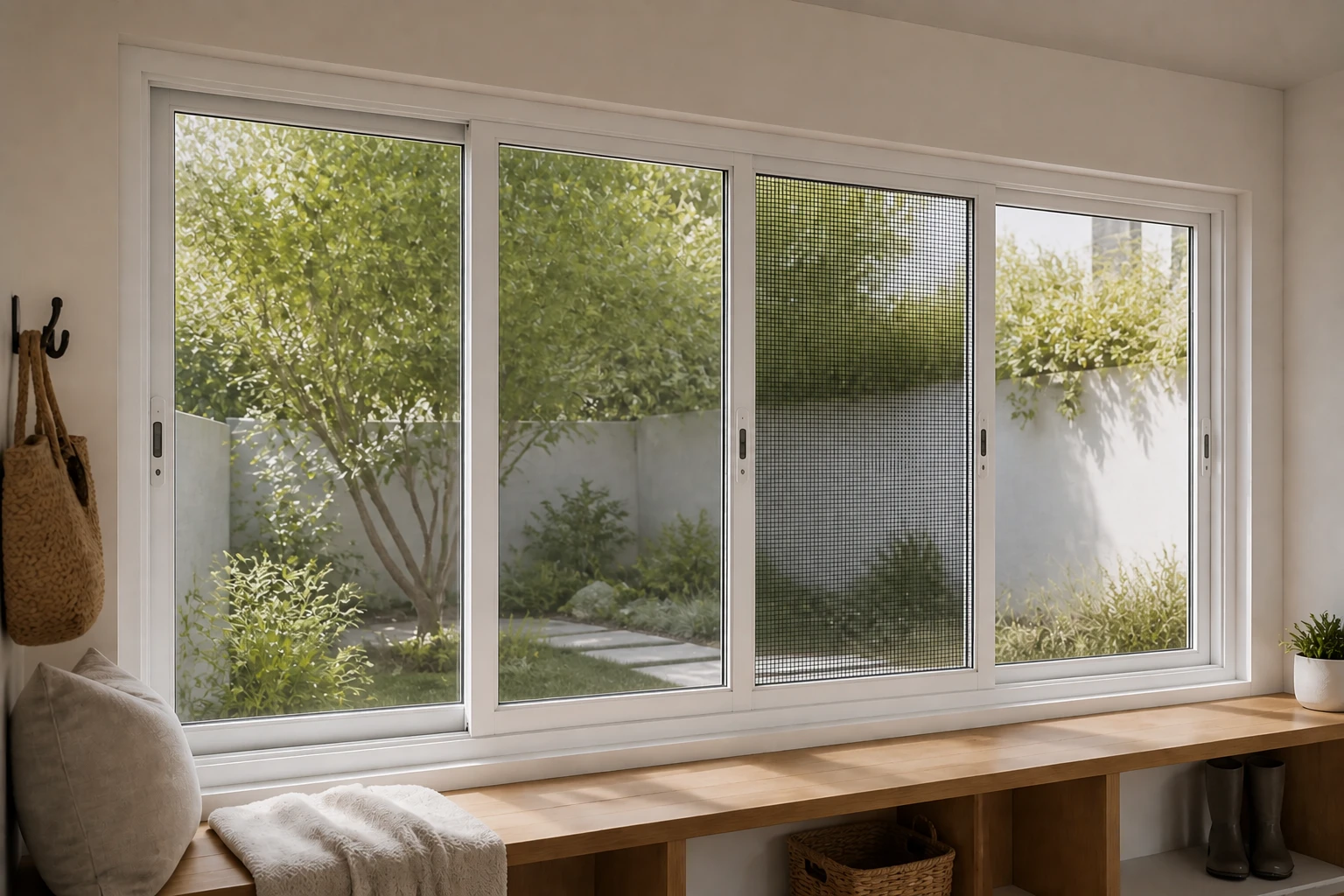 Illustrative RGNL-100 White Sliding Window Configuration Scene Illustrative application scene of a white RGNL-100 Series Sliding Window with four panels and alloy wire mesh
