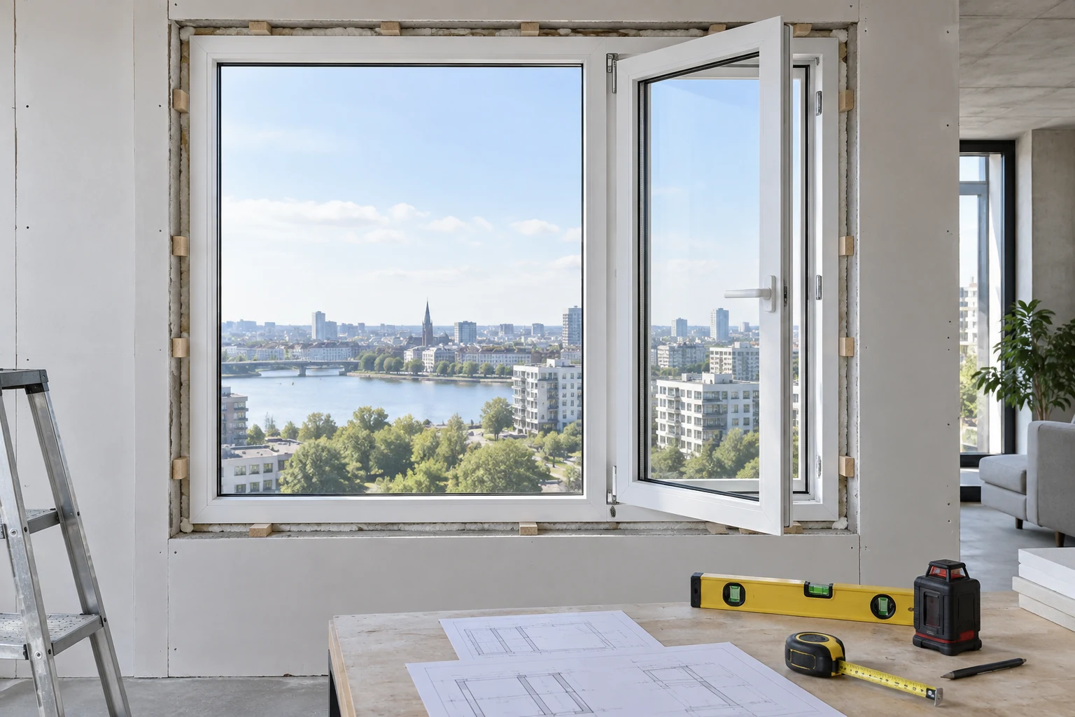 RGNL-100P White Casement Window Installation Review Illustrative Scene White RGNL-100P style casement window during installation review, illustrative application scene