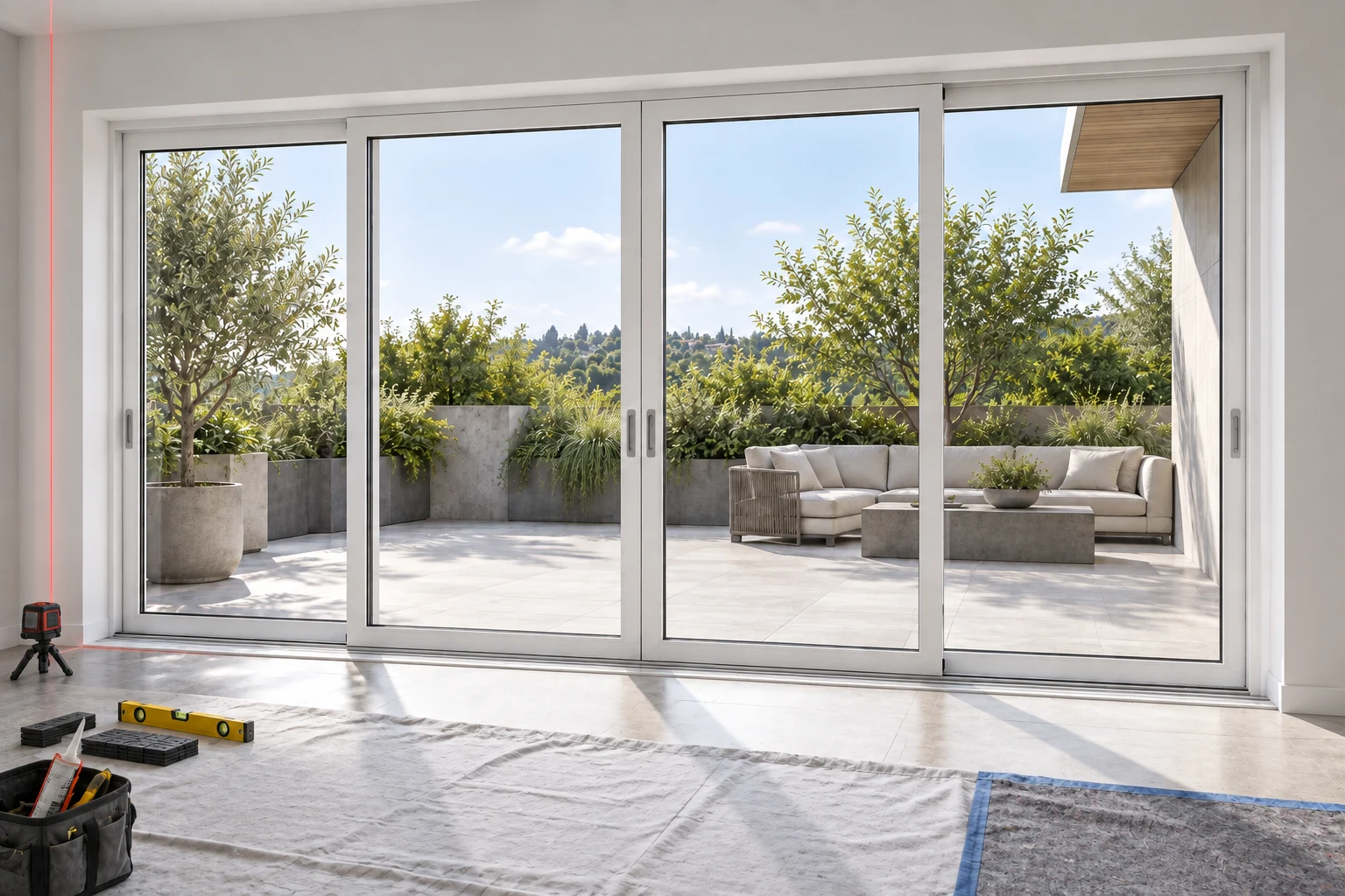 RGNL-110 White Sliding Door Installation Inspection Illustrative Scene White RGNL-110-style sliding door during installation inspection, illustrative application scene