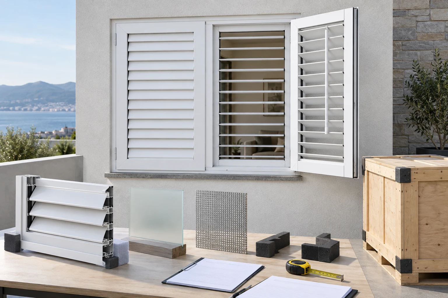 White RGNL-116 style aluminum louver shutter with samples and blank shipment records in an illustrative application scene