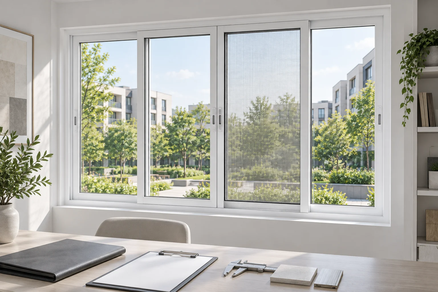 RGNL-120 White Sliding Window Import Document Review White RGNL-120 three-track sliding window in an illustrative import document review scene