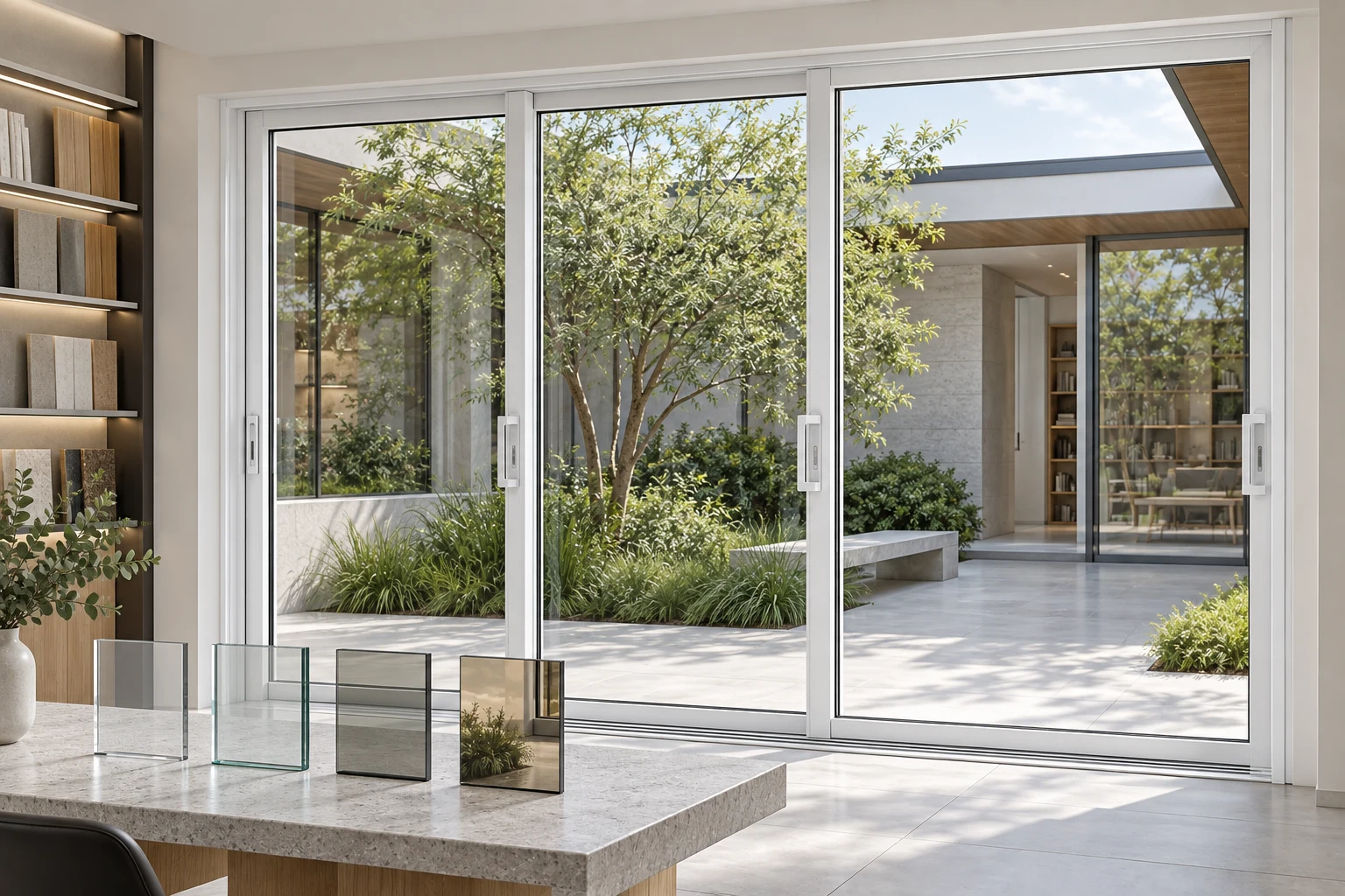 RGNL-18 White Three-Linkage Door Glass Review Illustrative Scene White RGNL-18-style three-linkage sliding door with glass samples, illustrative application scene