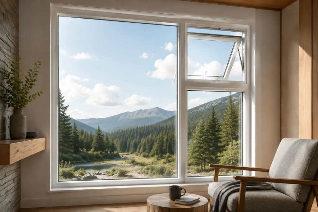 White RGNL-45-style awning casement window in a mountain reading room, illustrative application scene
