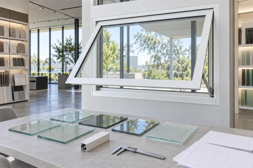 White RGNL-60 style awning casement window with glass samples, illustrative application scene