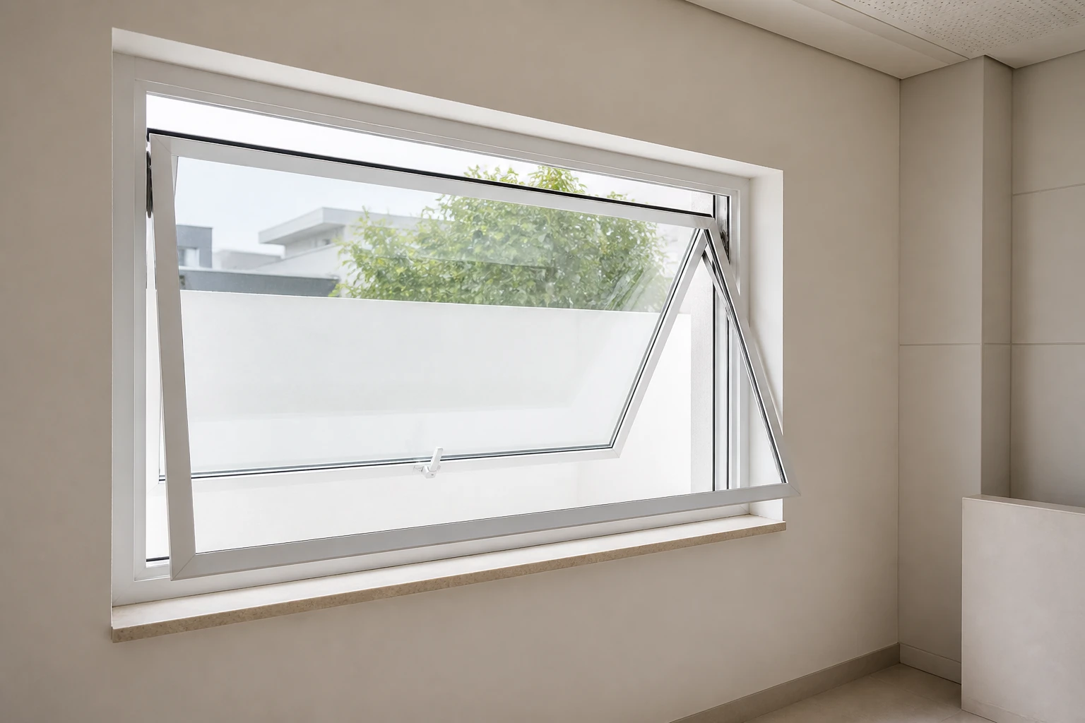 RGNL-60 White Casement Window Installation Scene White RGNL-60 style thermal-break aluminum awning casement window installed in a finished inspection room