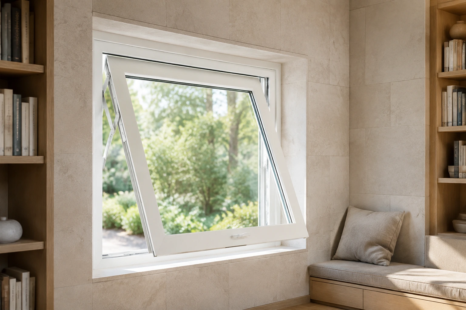 White RGNL-60 style thermal-break aluminum awning casement window open in a quiet library reading alcove