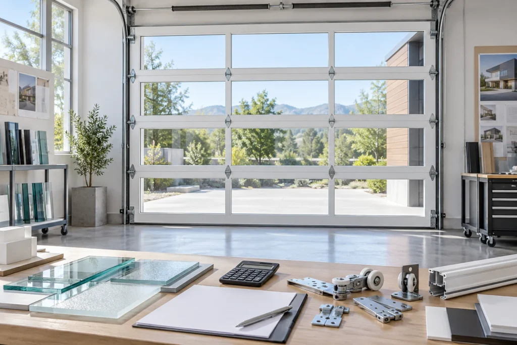 White automatic glazed sectional garage door with quotation samples in an illustrative application scene
