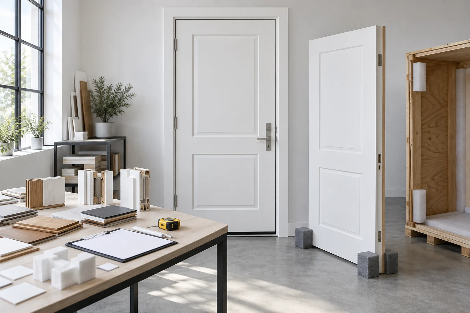 White composite wooden entry door with finish samples and blank shipment records in an illustrative application scene
