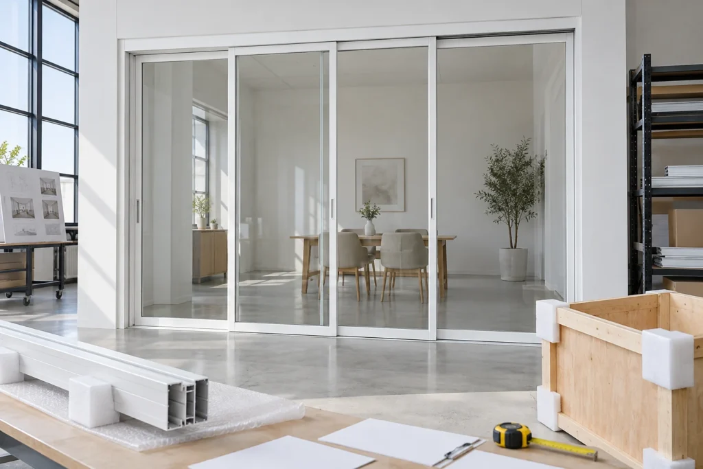 White hanging sliding glass door with protected profile and blank shipment records in an illustrative application scene