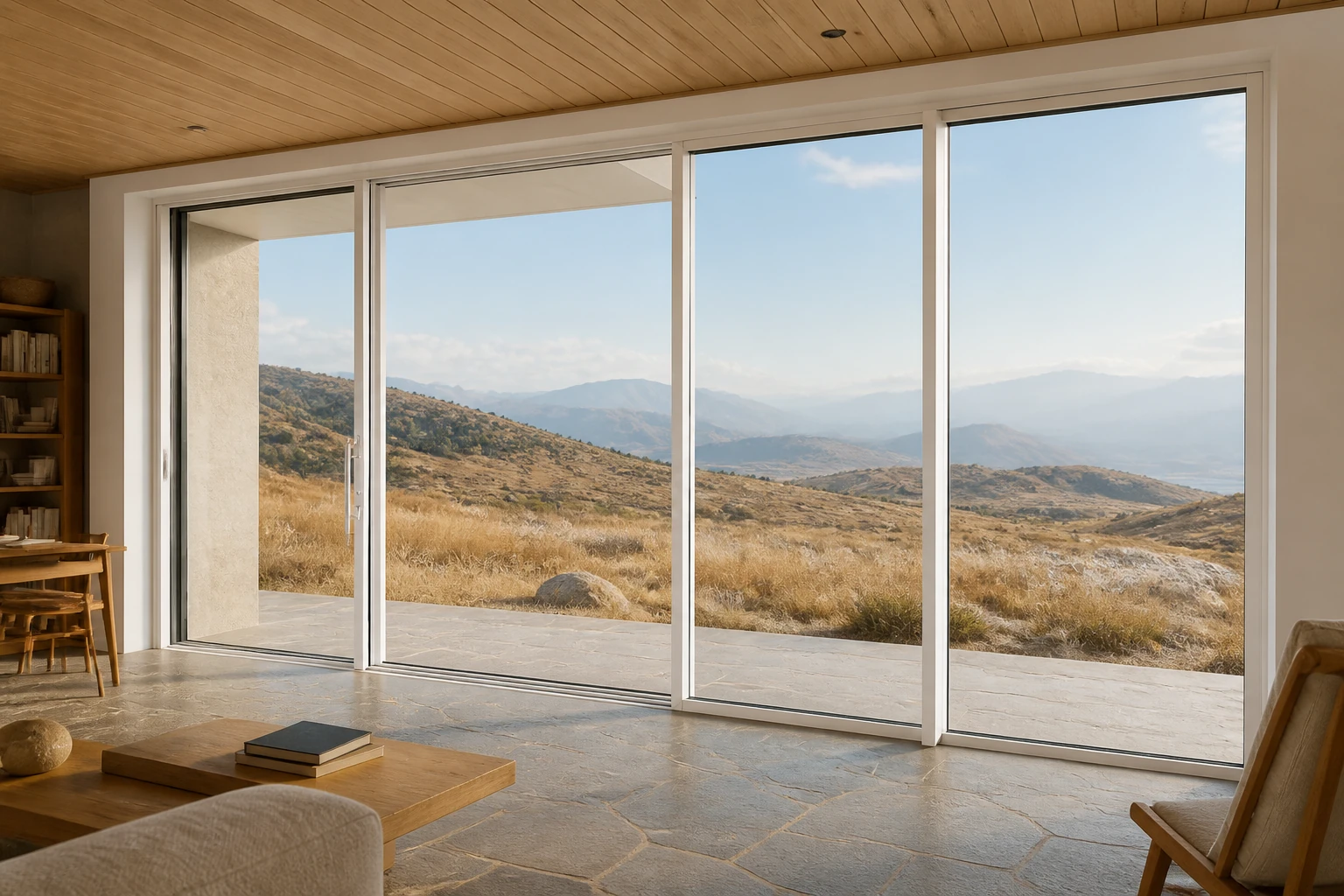 RGNL Aluminum Lift-and-Slide Door Illustrative Application Scene White RGNL-style aluminum lift-and-slide door in a highland reading pavilion, illustrative application scene