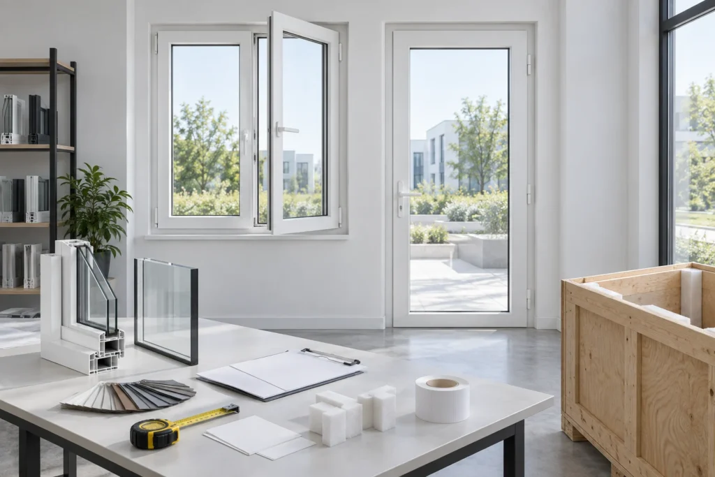 White UPVC casement window and glazed swing door with blank import records in an illustrative application scene