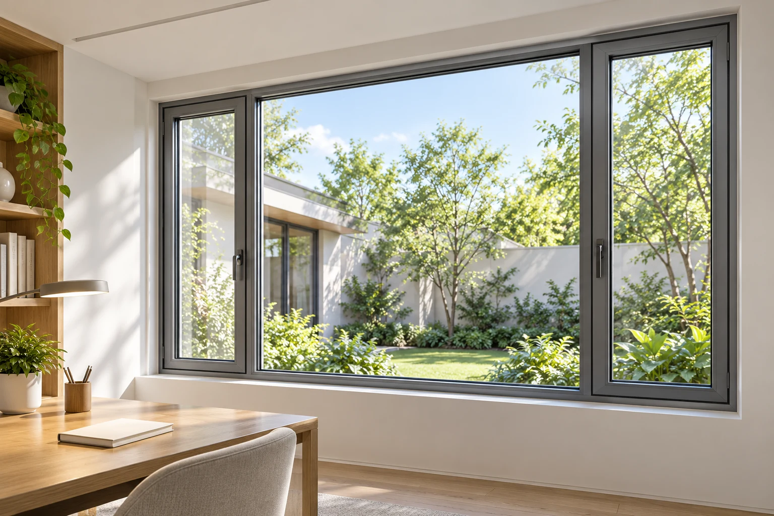 Gray aluminum casement window assembly with closed side sashes and central glazing in an illustrative courtyard-facing home study