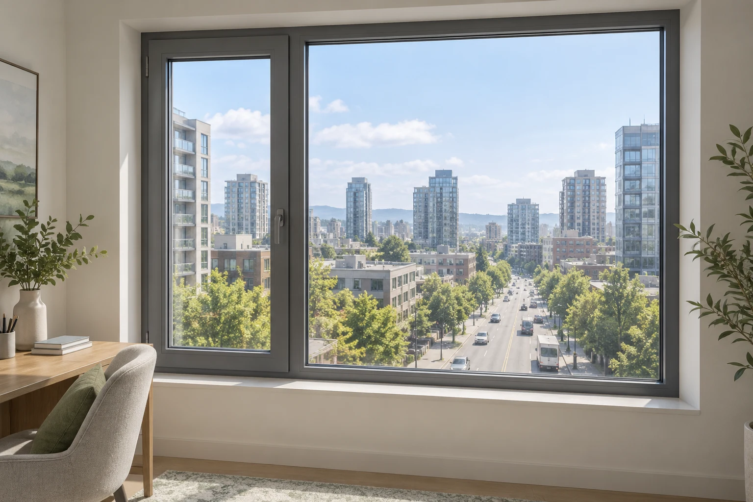Gray aluminum casement and fixed window assembly overlooking an urban street, illustrative application scene