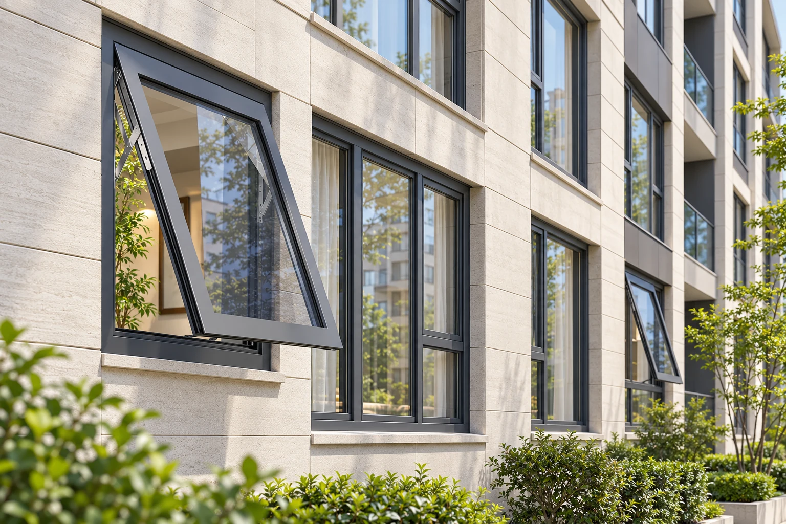 Apartment Casement Window Schedule Illustrative Scene Gray aluminum awning casement windows repeated across an illustrative apartment facade