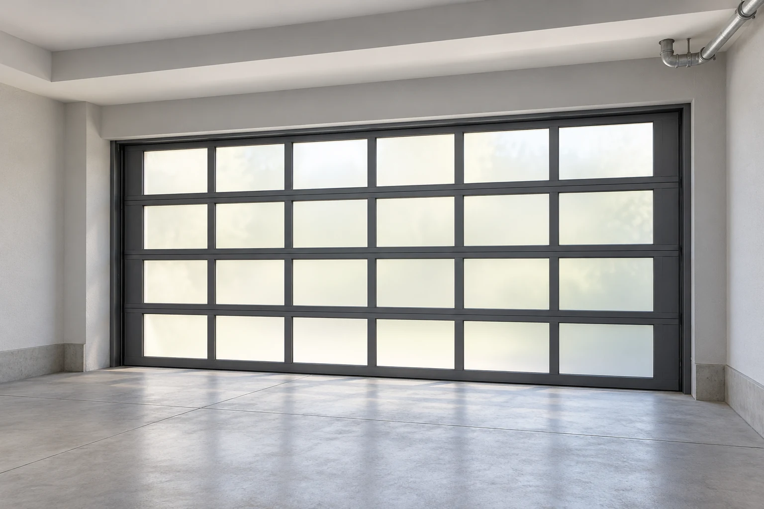 Automatic Garage Door Headroom Survey Illustrative Scene Gray glazed sectional garage door with visible interior header, side returns and ceiling beam for survey planning