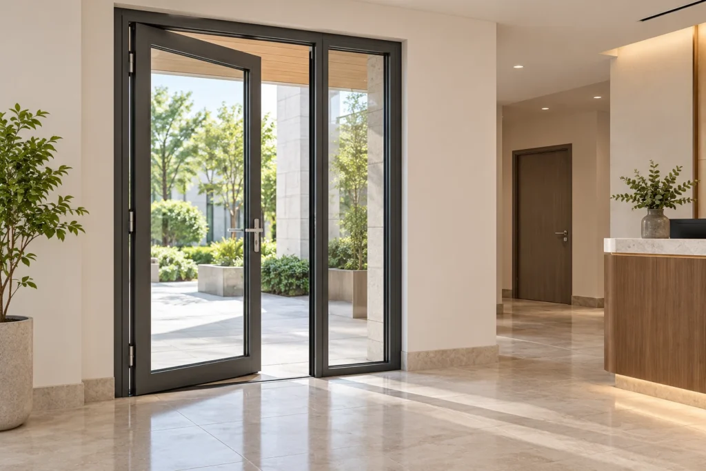 Gray aluminum glazed swing door partly open beside a reception area and crossing corridor in an illustrative commercial lobby
