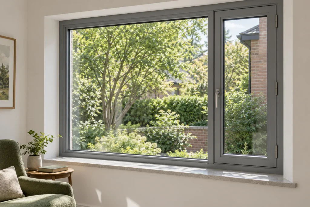 Gray aluminum casement window with a broad glazed center and narrow right sash in a residential reading room overlooking a garden