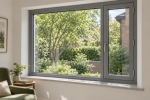 Gray aluminum casement window with a broad glazed center and narrow right sash in a residential reading room overlooking a garden