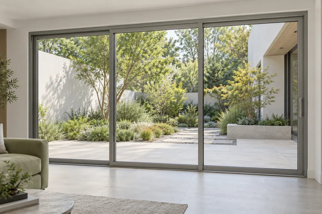Closed gray panoramic aluminum sliding doors with visible perimeter frames and meeting stiles facing a planted courtyard